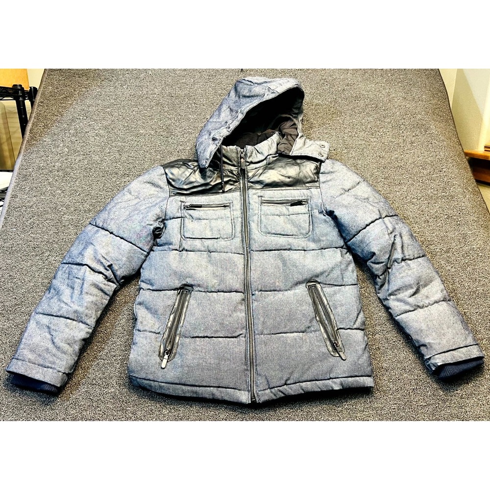 Zara Man Puffer Jacket Mens Large Blue White Dotted Print Lined Cotton Full Zip